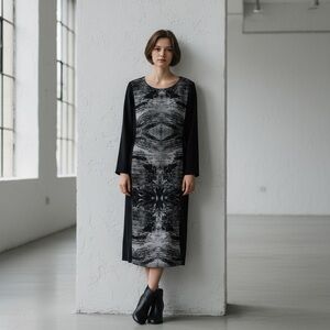 Silvae Silk Abstract Print Asymmetrical Sheer Long Sleeve Dress Black Grey Small